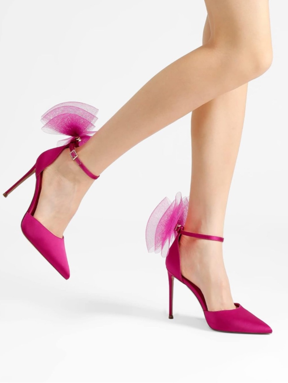 Satin Hot Pink Tulle Ankle-Strap Stiletto Pumps